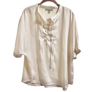 Ryegrass Cream Relaxed Blouse Tie Front Mandarin Collar Dolman Sleeve Size XL